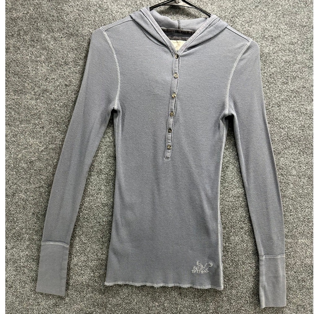 American Eagle Y2K 2000 Womens Waffle Knit Henley Hoodie Long Sleeve Gray, M